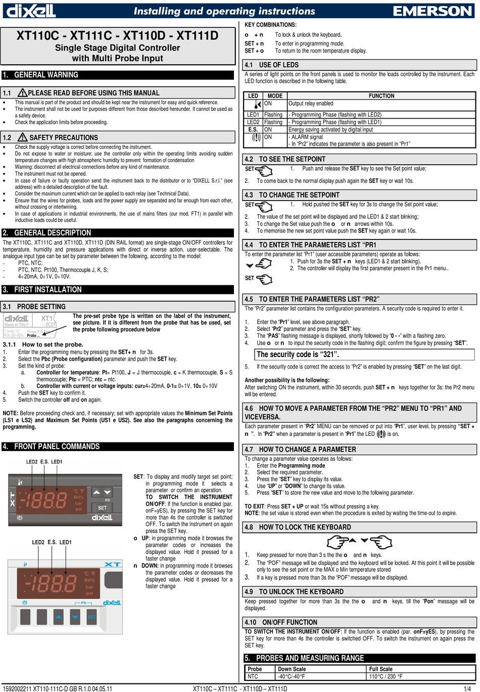 EMERSON DIXELL XT111D INSTALLING AND OPERATING INSTRUCTIONS Pdf