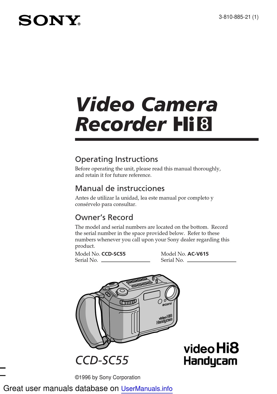 SONY VIDEO HI8 HANDYCAM CCD-SC55 OPERATING INSTRUCTIONS MANUAL Pdf ...