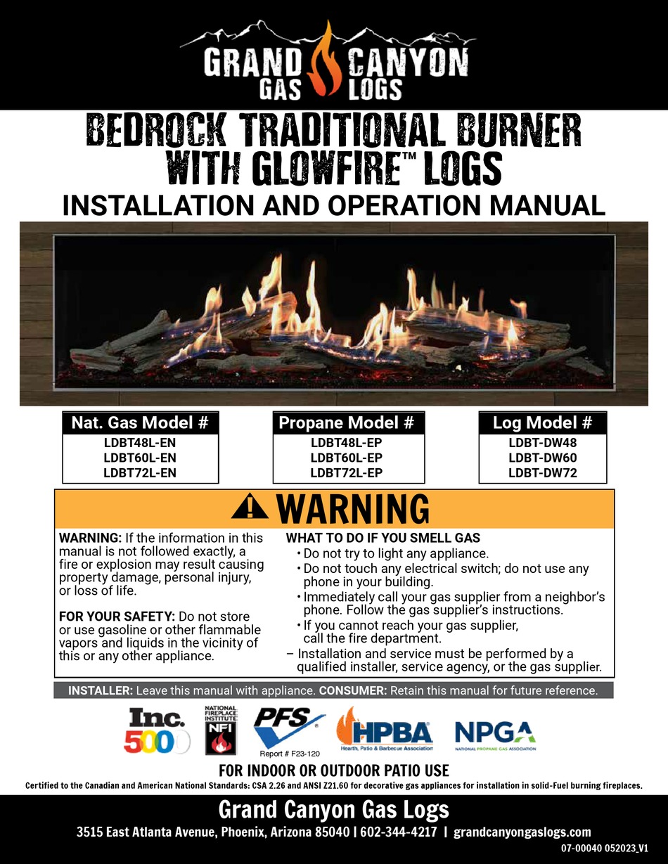 GRAND CANYON GAS LOGS LDBT48L-EN INSTALLATION AND OPERATION MANUAL Pdf ...