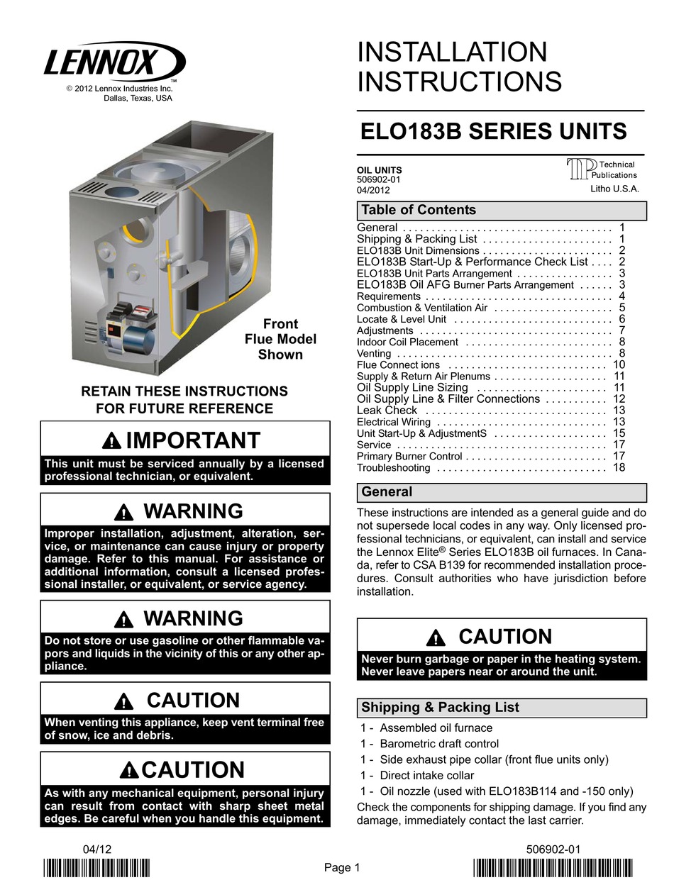 LENNOX ELO183B SERIES INSTALLATION INSTRUCTIONS MANUAL Pdf Download