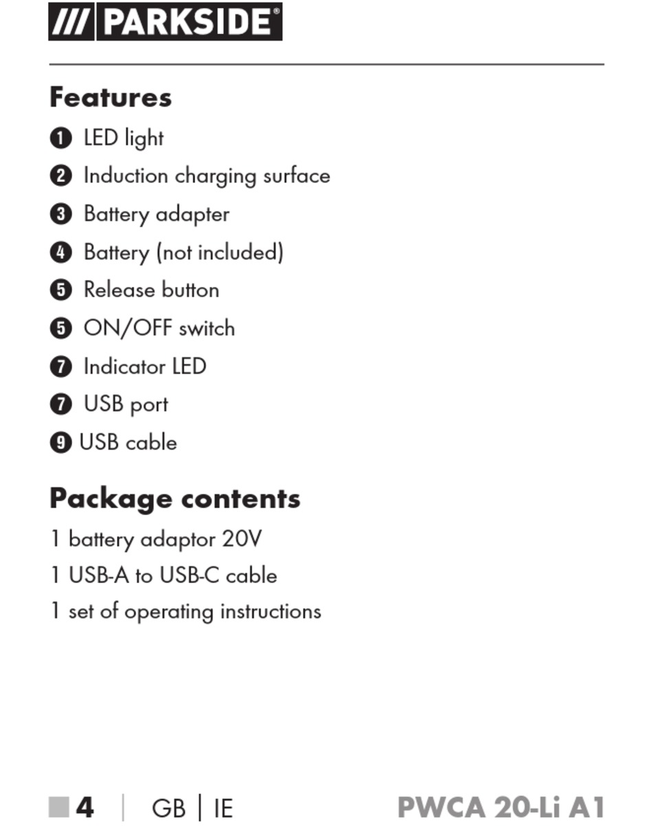 Package 20-Li Manual Parkside | A1 9] Short Contents - PWCA Features; ManualsLib [Page