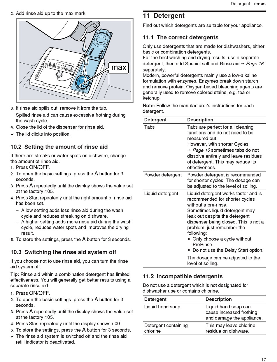 Setting The Amount Of Rinse Aid Switching The Rinse Aid System