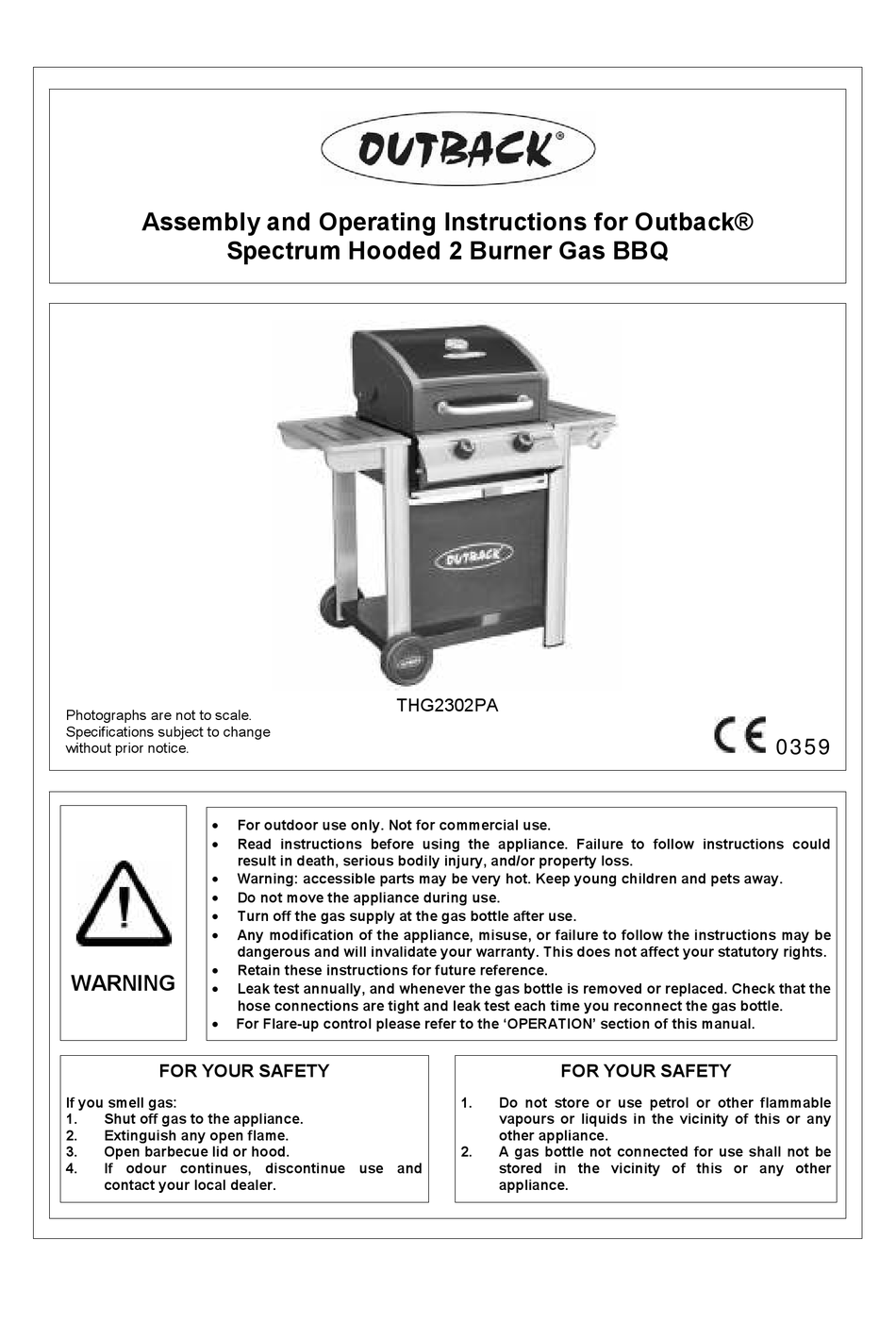 OUTBACK SPECTRUM THG2302PA ASSEMBLY AND OPERATING INSTRUCTIONS MANUAL ...