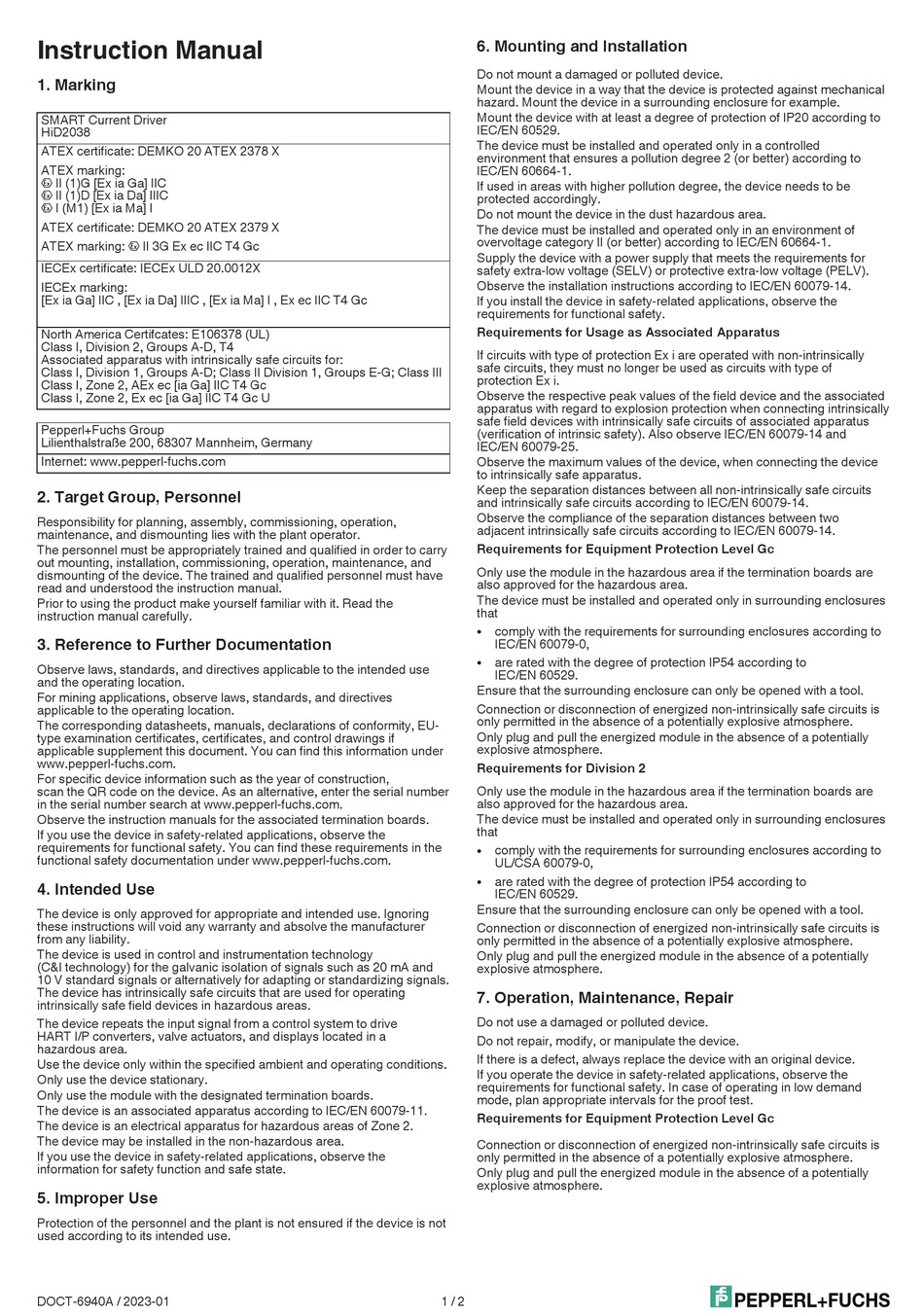 PEPPERL+FUCHS HID2038 INSTRUCTION MANUAL Pdf Download | ManualsLib