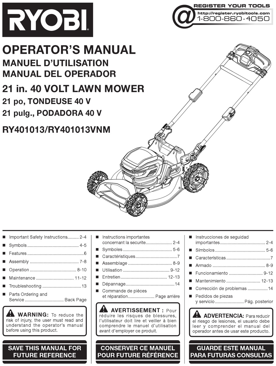 RYOBI RY401013VNM OPERATOR'S MANUAL Pdf Download | ManualsLib