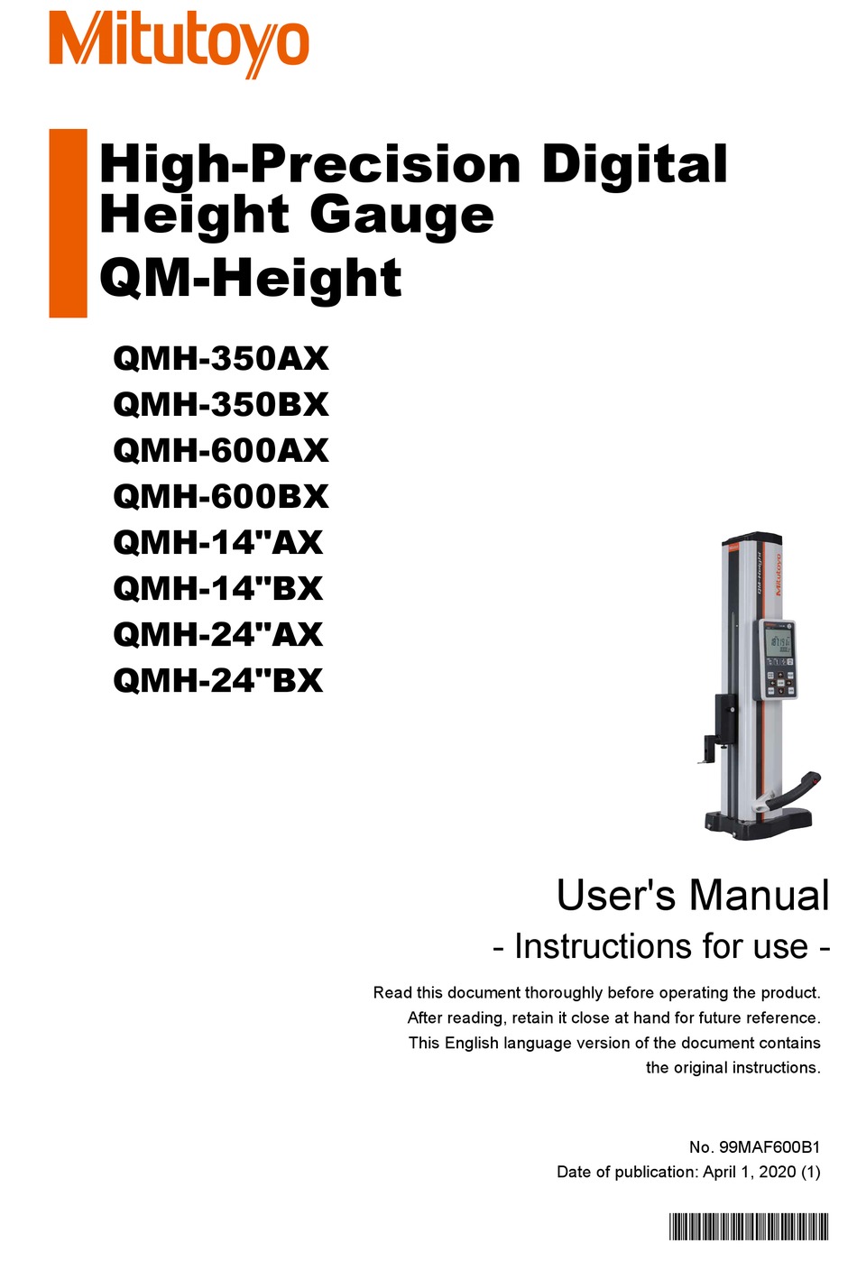MITUTOYO QMHEIGHT QMH350AX USER MANUAL Pdf Download ManualsLib