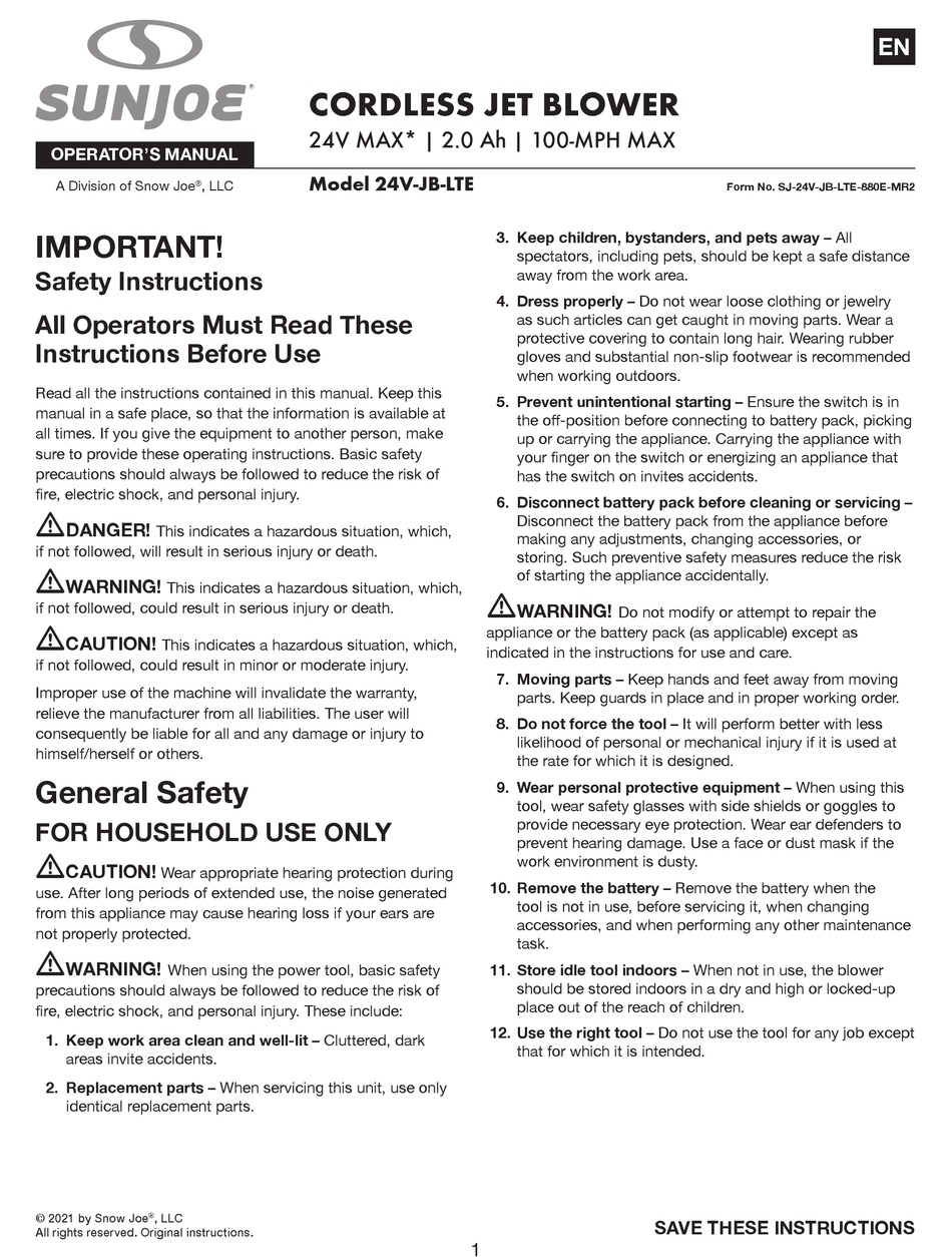 SNOWJOE SUNJOE 24V-JB-LTE OPERATOR'S MANUAL Pdf Download | ManualsLib