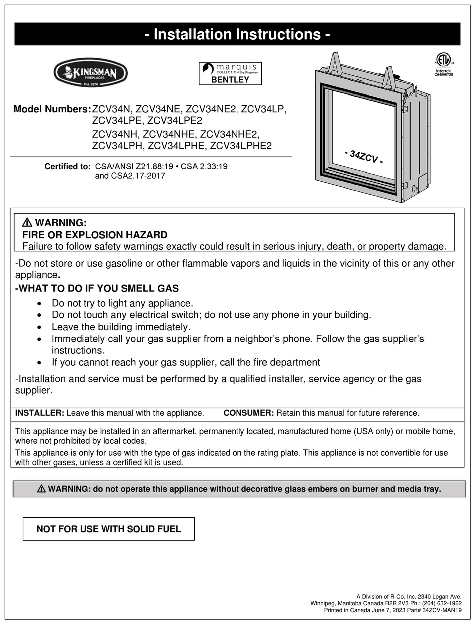KINGSMAN FIREPLACES ZCV34NE INSTALLATION INSTRUCTIONS MANUAL Pdf