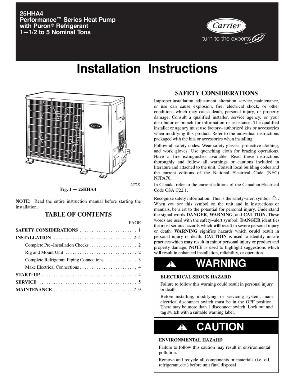 CARRIER 25HHA4 INSTALLATION INSTRUCTIONS MANUAL Pdf Download ManualsLib