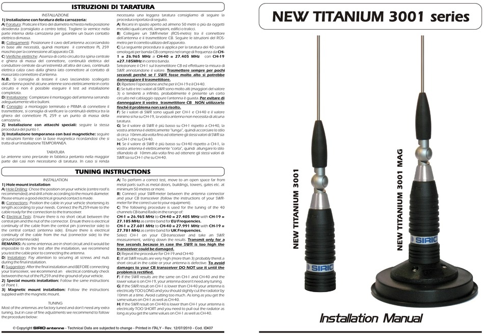 SIRIO ANTENNE NEW TITANIUM 3001 SERIES INSTALLATION MANUAL Pdf Download ...