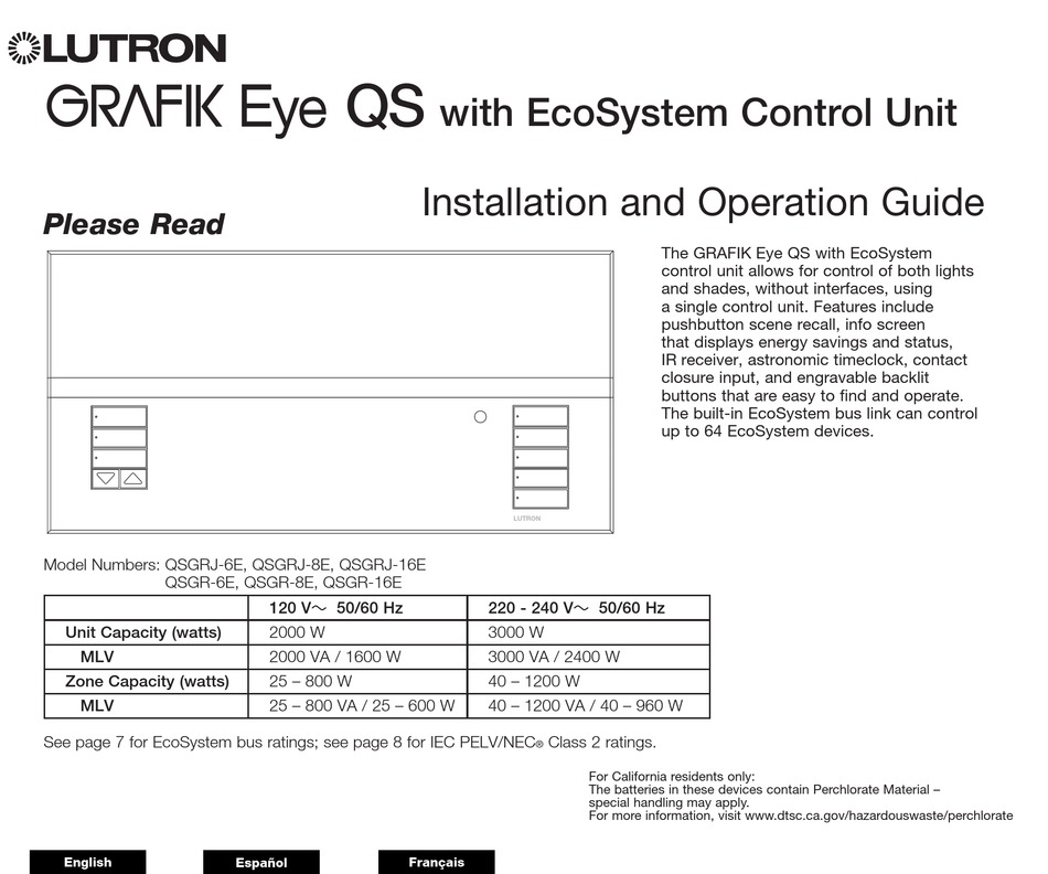 LUTRON ELECTRONICS GRAFIK EYE QS WITH ECOSYSTEM INSTALLATION AND