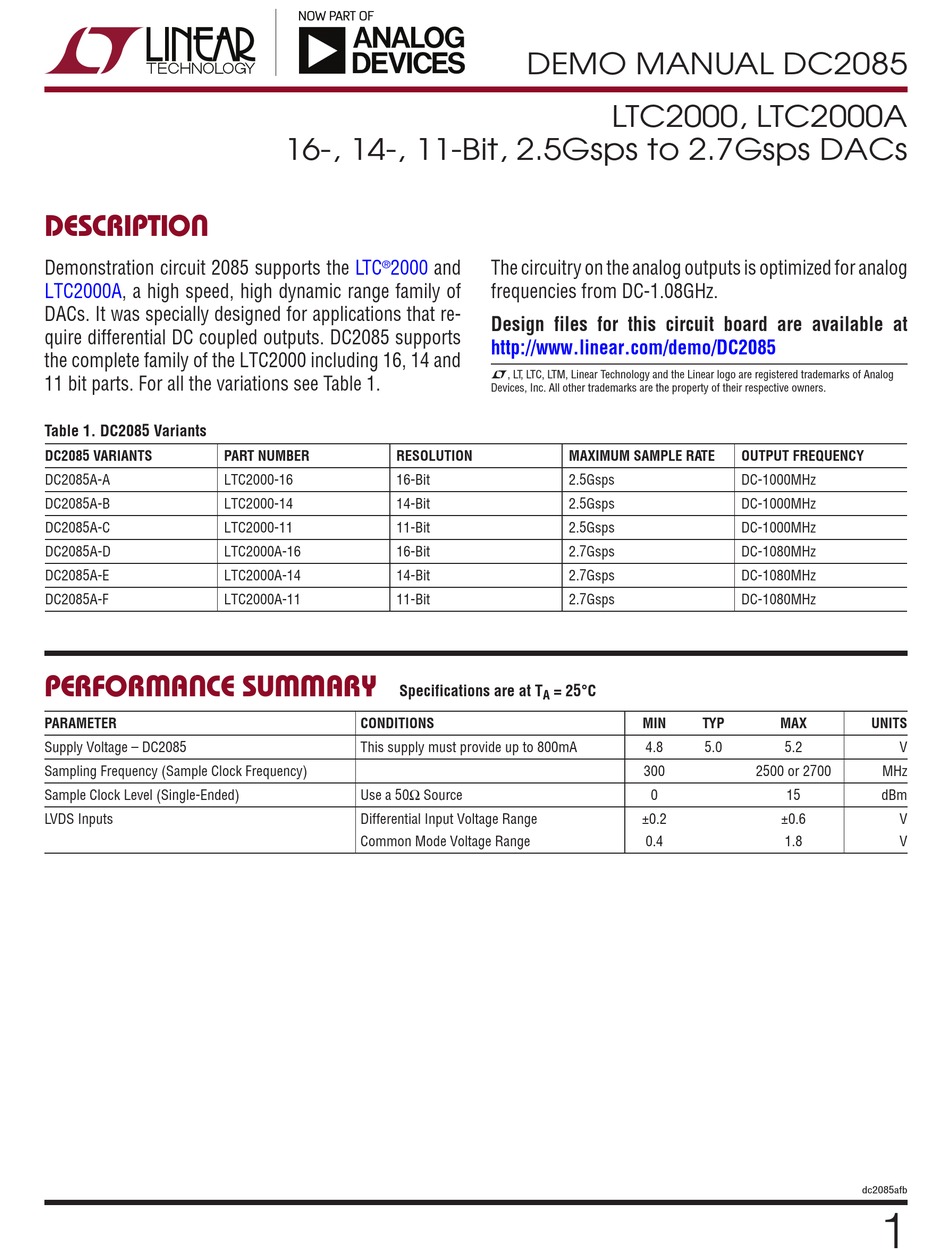 ANALOG DEVICES LINEAR TECHNOLOGY DC2085 DEMO MANUAL Pdf Download ...