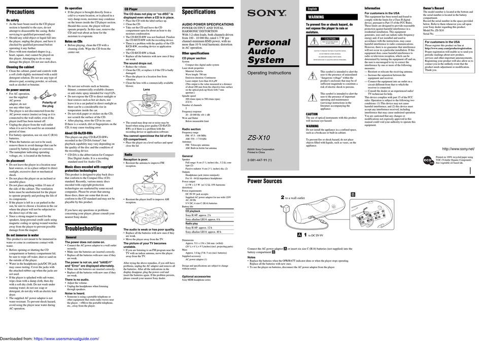 SONY ZS-X10 OPERATING INSTRUCTIONS Pdf Download | ManualsLib