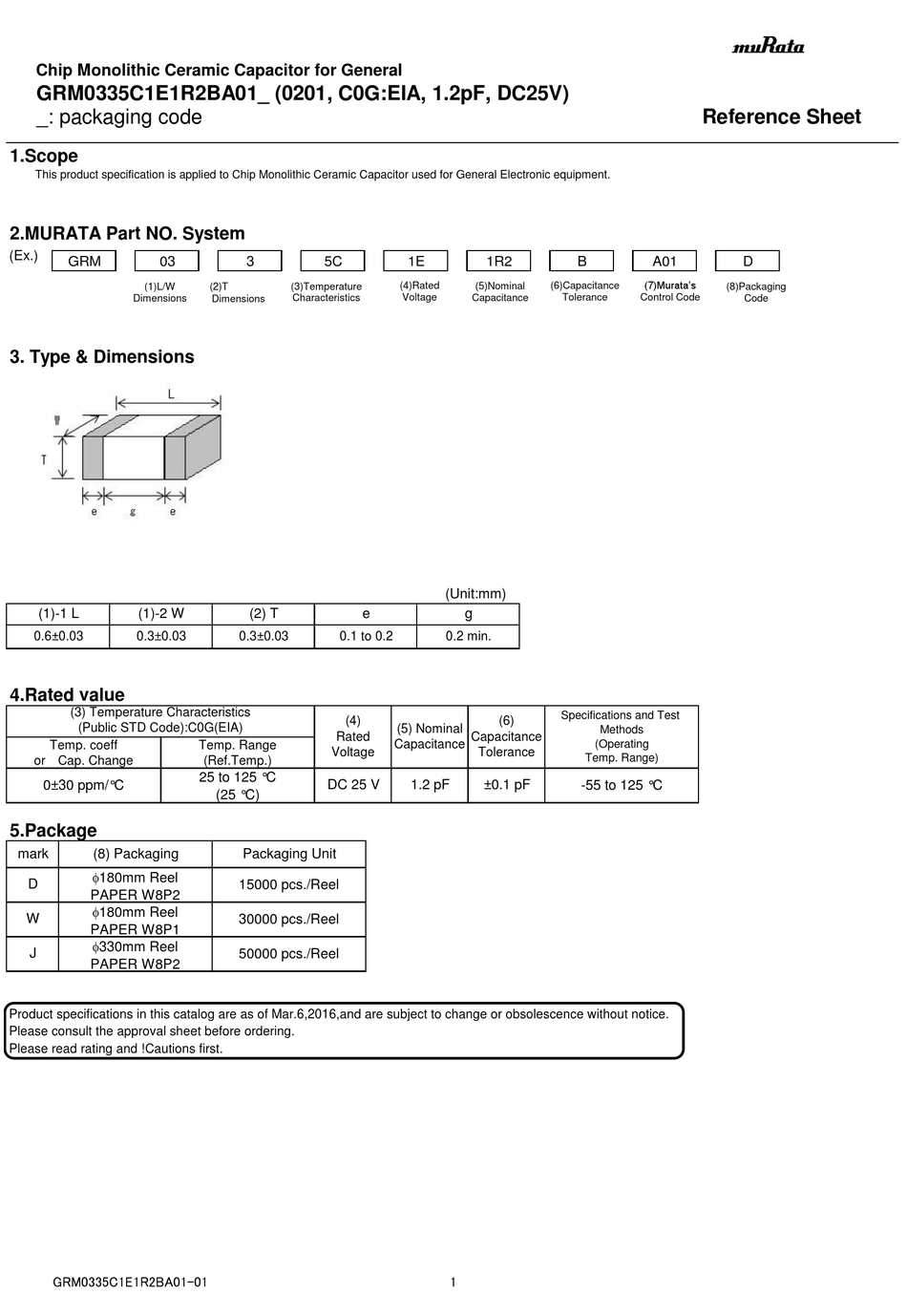 MURATA GRM0335C1E1R2BA01 SERIES REFERENCE SHEET Pdf Download | ManualsLib