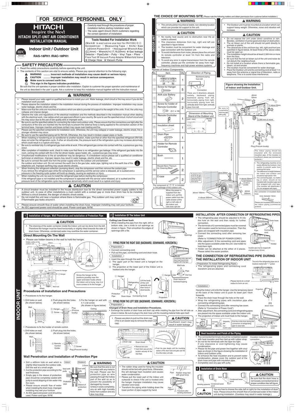 HITACHI RAS-18PH1 INSTALLATION MANUAL Pdf Download | ManualsLib