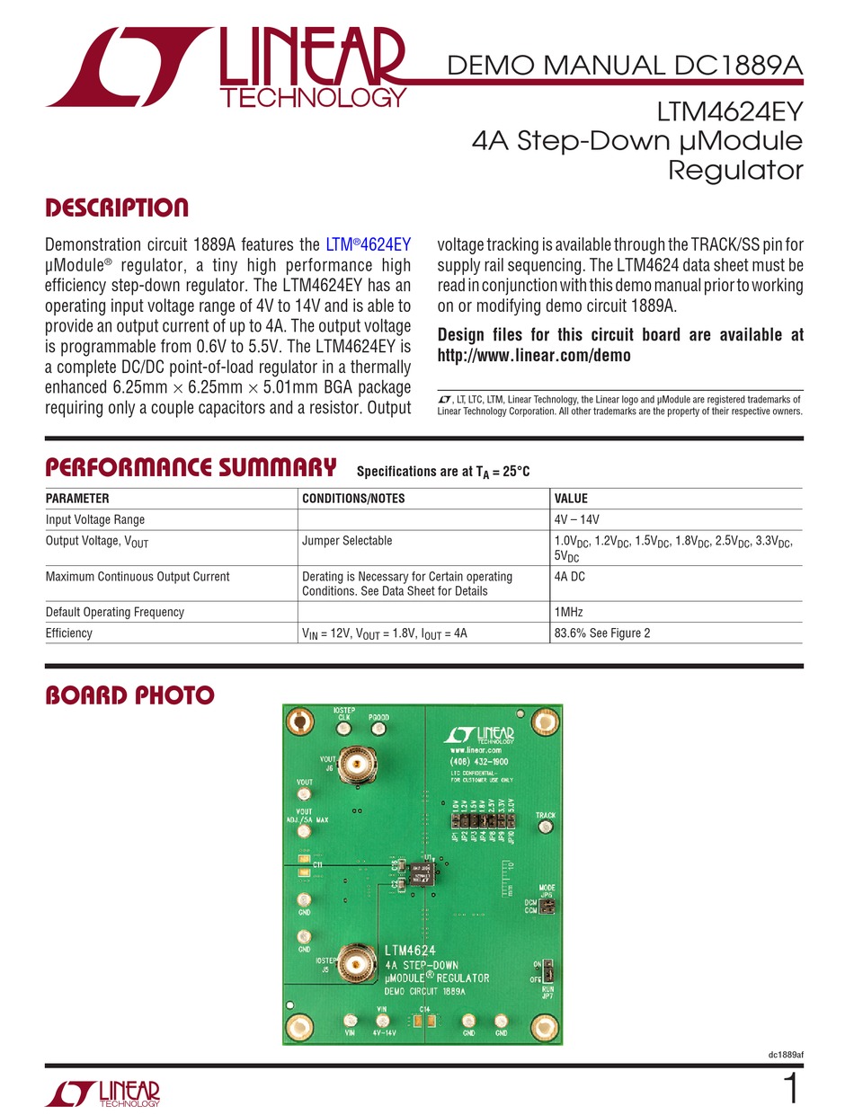 LINEAR TECHNOLOGY DC1889A DEMO MANUAL Pdf Download | ManualsLib