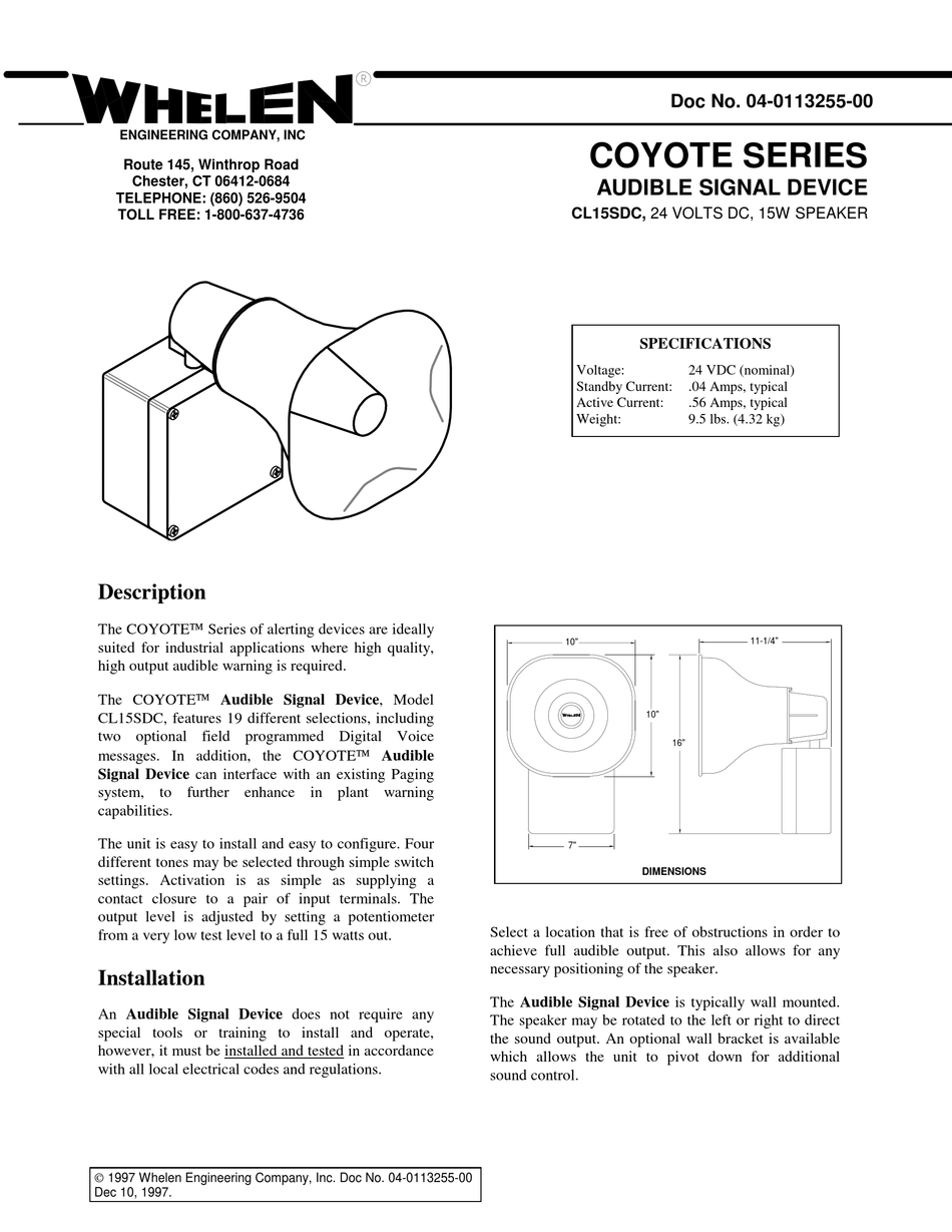 WHELEN ENGINEERING COMPANY COYOTE CL15SDC QUICK START MANUAL Pdf