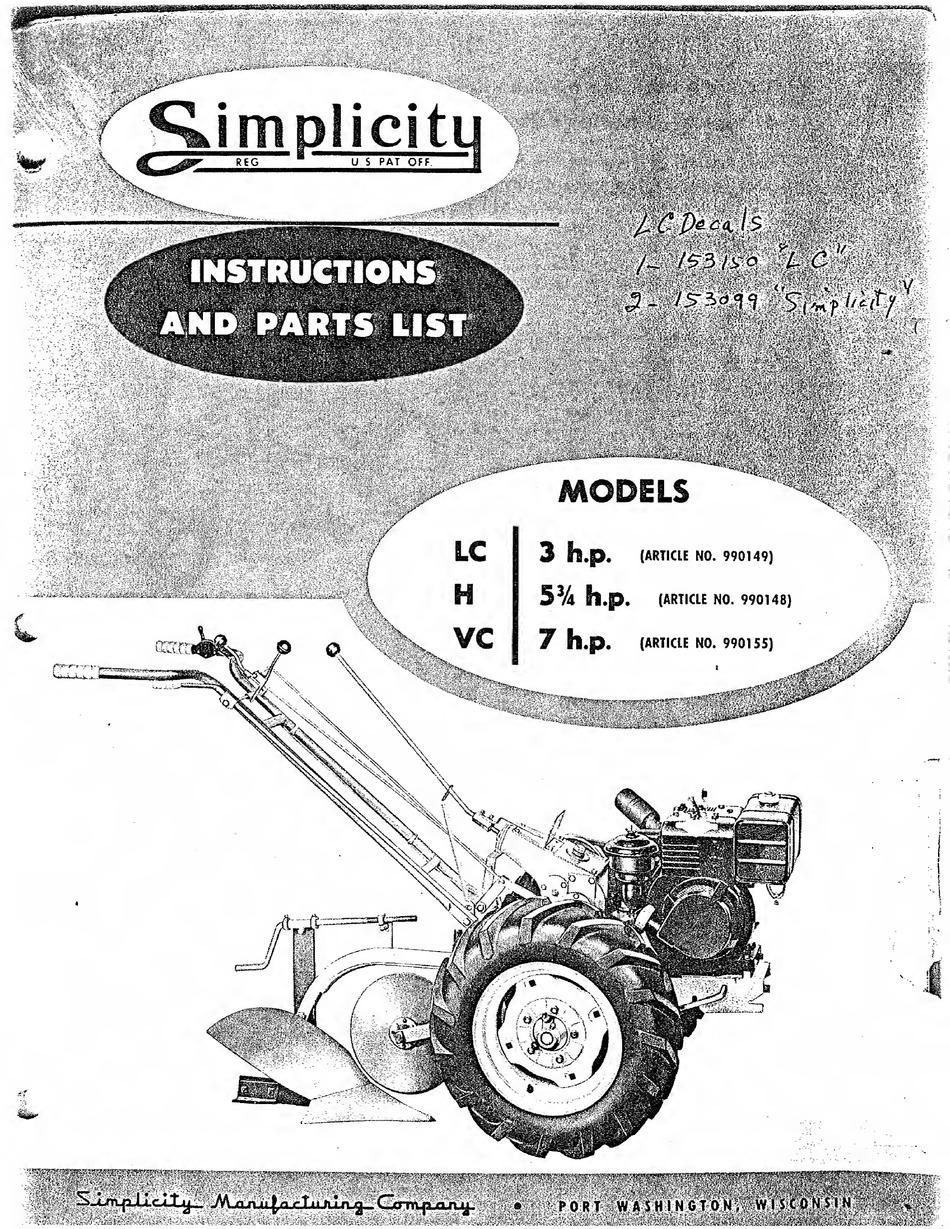 SIMPLICITY LC INSTRUCTIONS AND PARTS LIST Pdf Download | ManualsLib