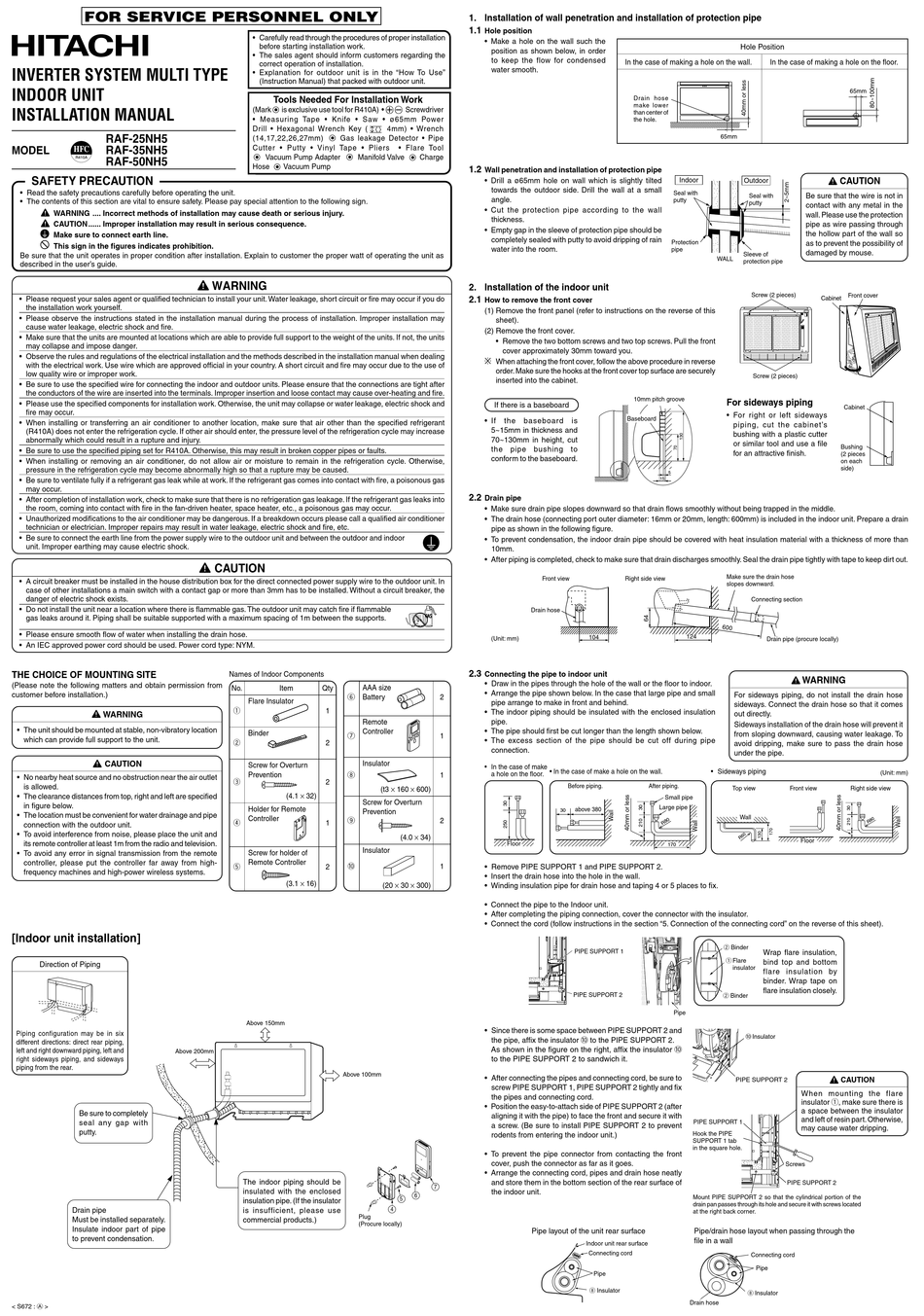 HITACHI RAF-25NH5 INSTALLATION MANUAL Pdf Download | ManualsLib