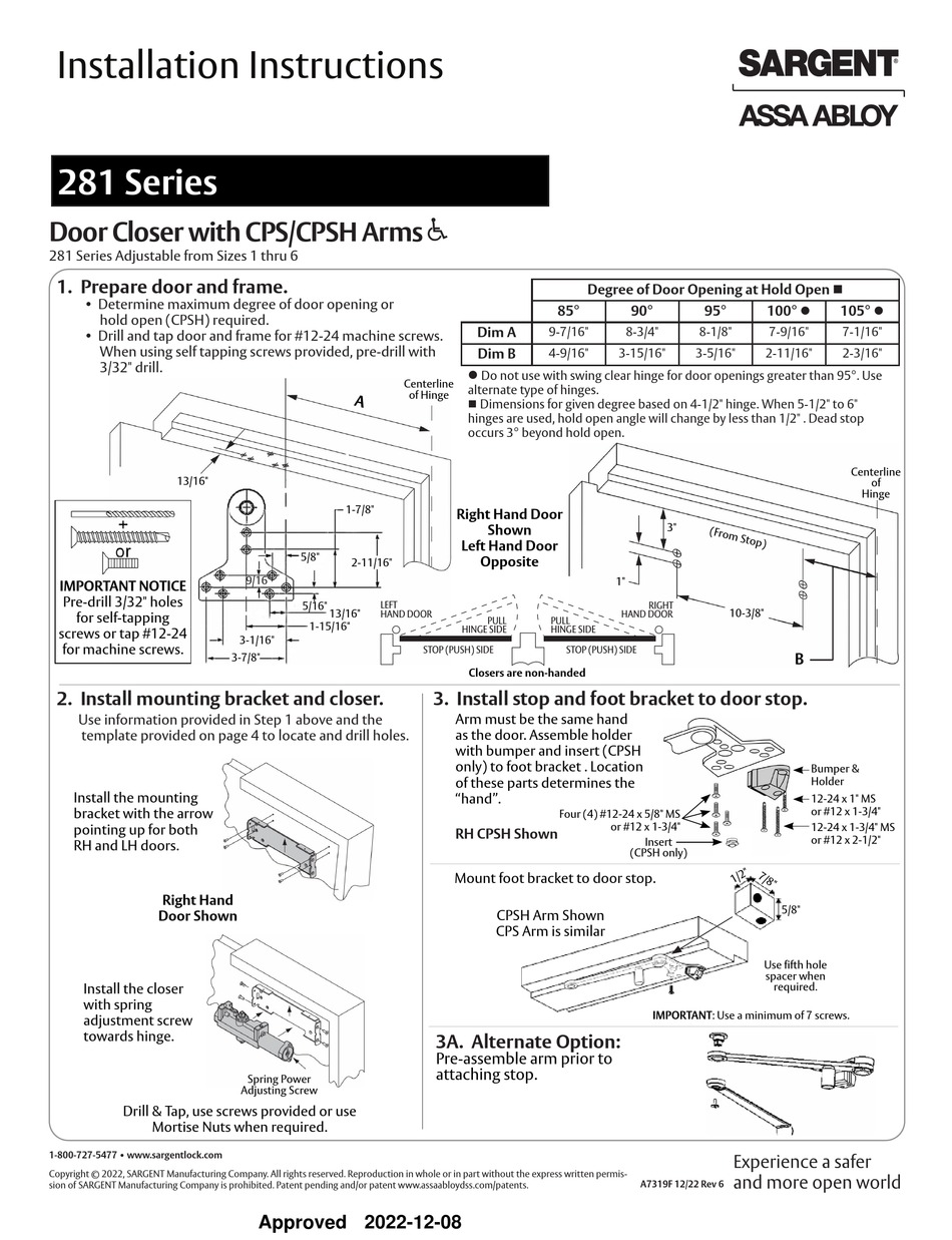 ASSA ABLOY SARGENT 281 SERIES INSTALLATION INSTRUCTIONS Pdf Download ...