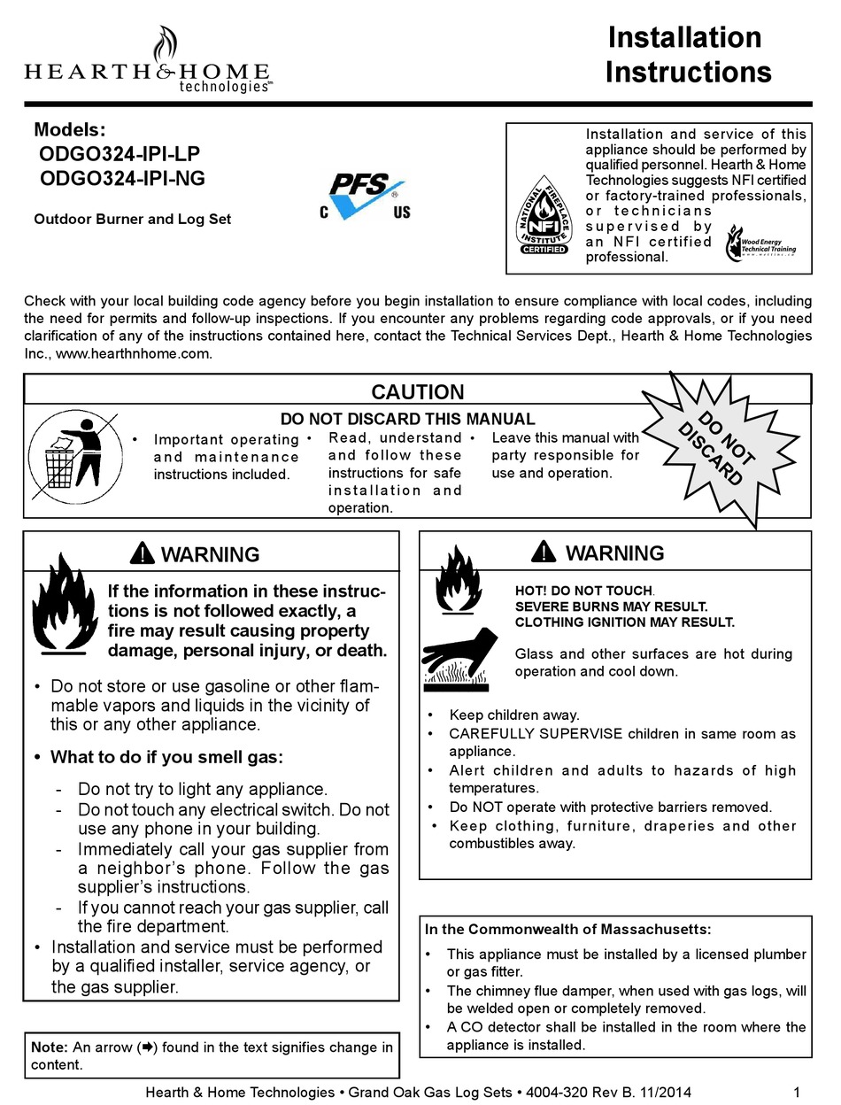 HEARTH AND HOME TECHNOLOGIES ODGO324-IPI-NG INSTALLATION INSTRUCTIONS ...