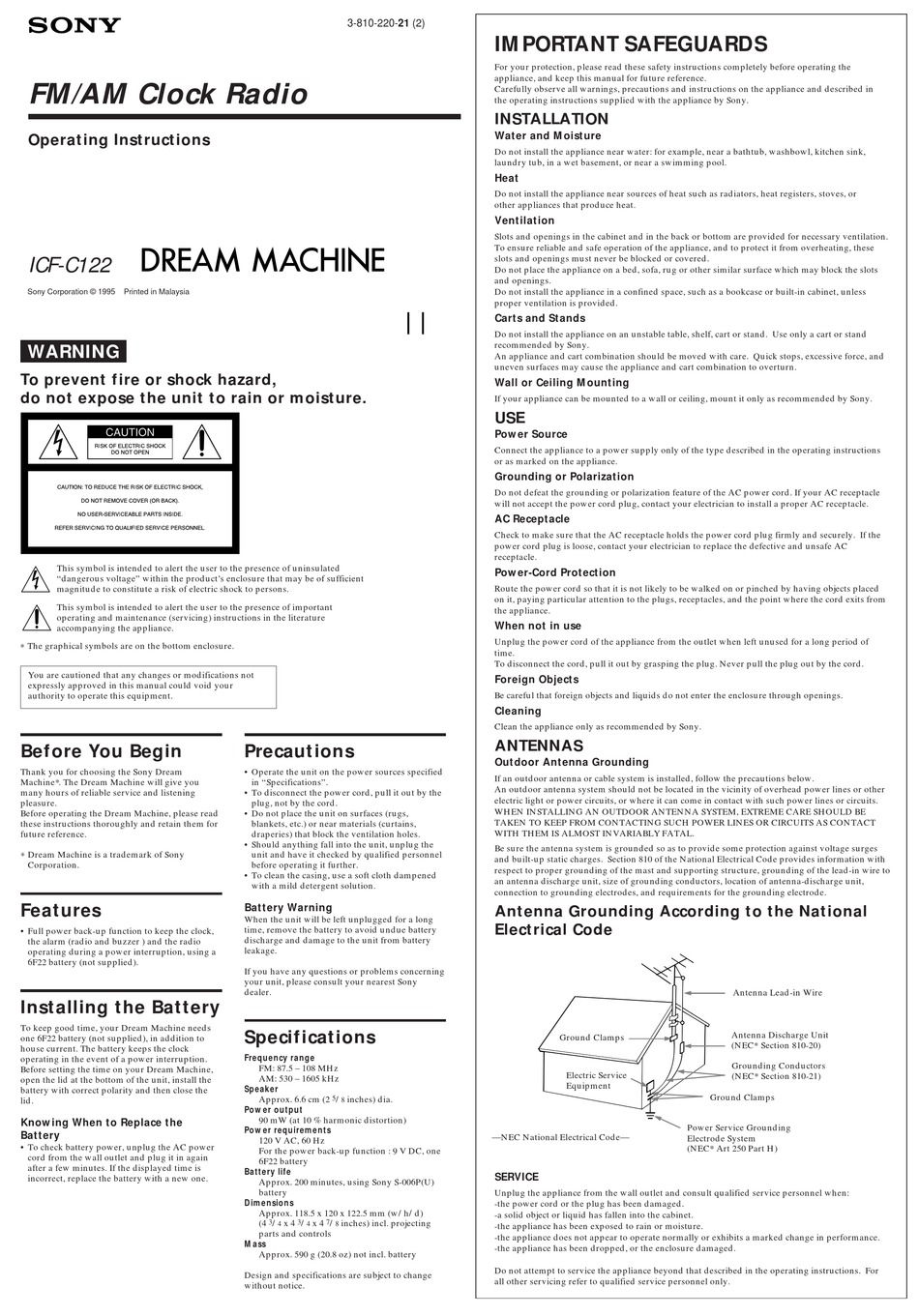 Sony Dream Machine Icf C Operating Instructions Pdf Download