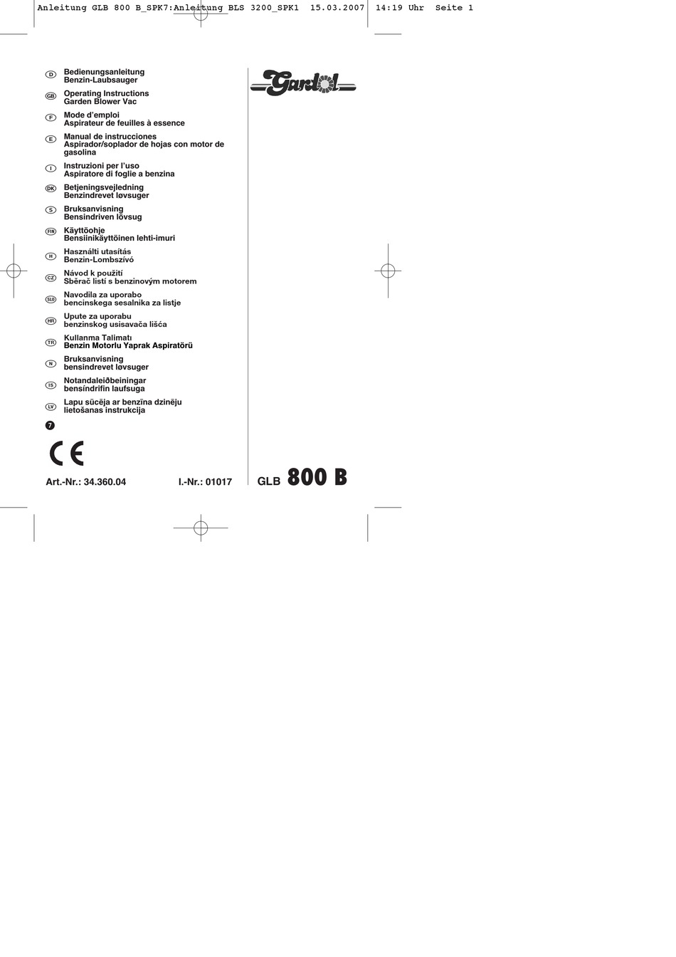 GARDOL GLB 800 B OPERATING INSTRUCTIONS MANUAL Pdf Download | ManualsLib