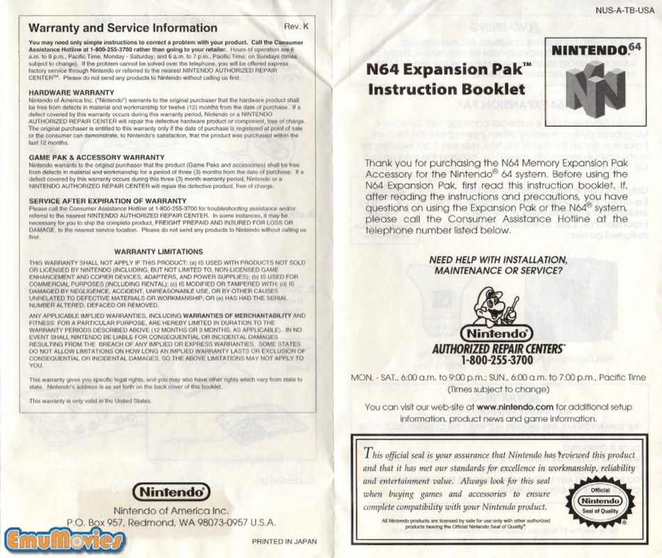 NINTENDO N64 INSTRUCTION BOOKLET Pdf Download | ManualsLib