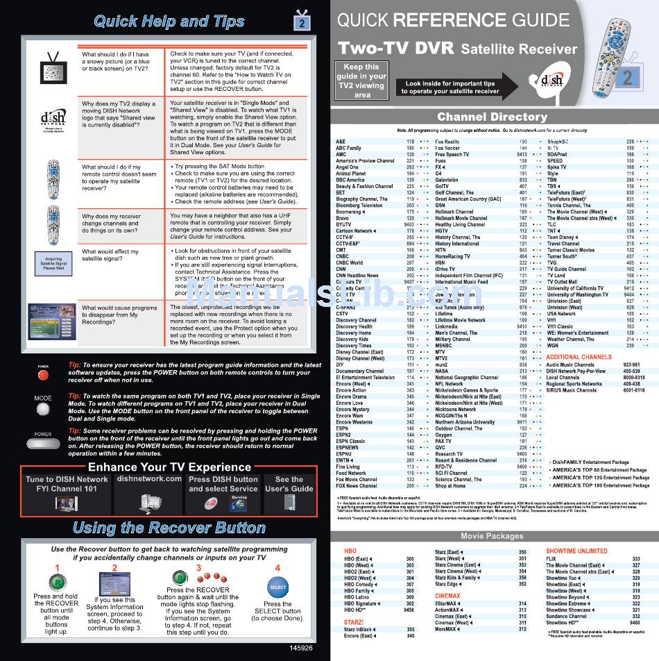 DISH NETWORK TV2 QUICK REFERENCE MANUAL Pdf Download ManualsLib