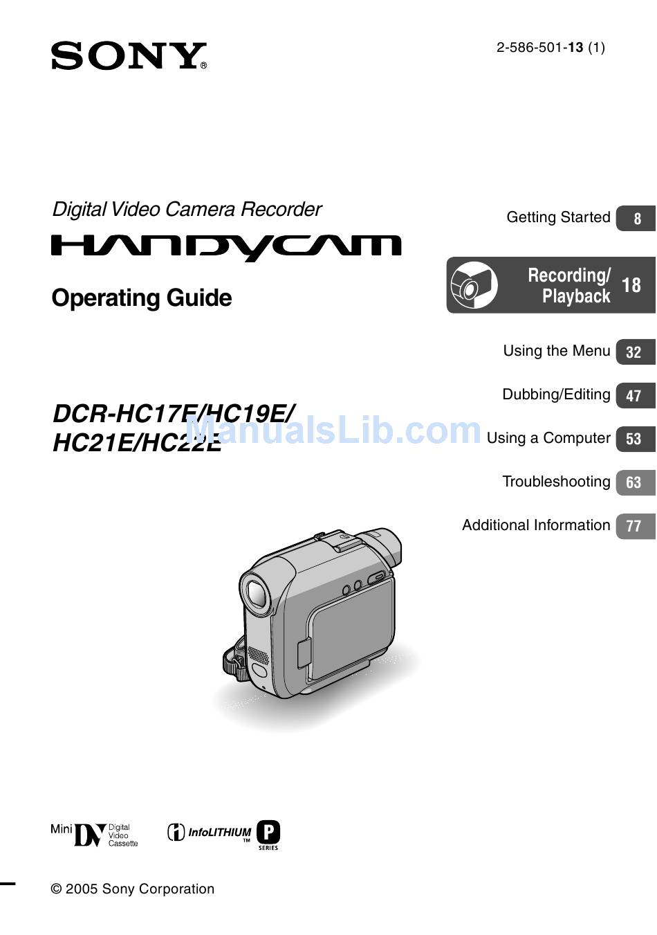 SONY DCR HC21E PAL DIGITAL MINIDV HANDYCAM CAMCORDER OPERATION MANUAL