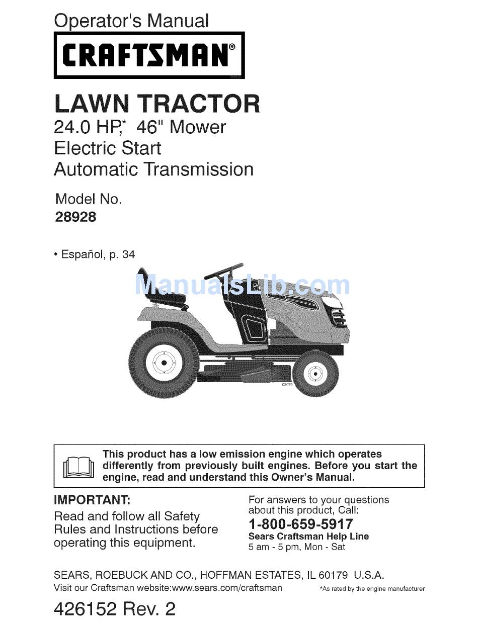 CRAFTSMAN 28928 YT 4000 24HP 46" YARD TRACTOR OPERATOR'S MANUAL Pdf