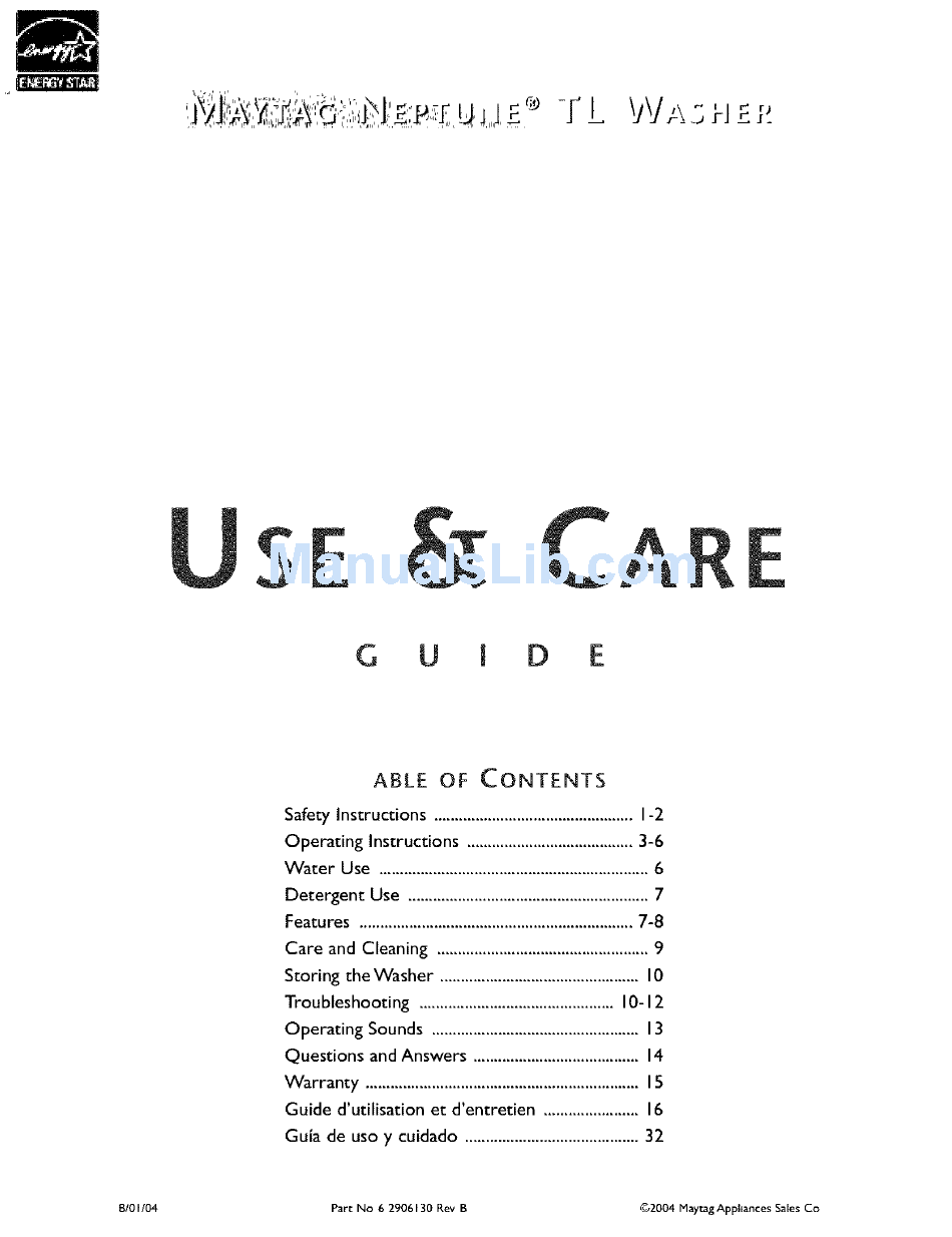 MAYTAG NEPTUNE TL FAV6800AWQ USE & CARE MANUAL Pdf Download ManualsLib