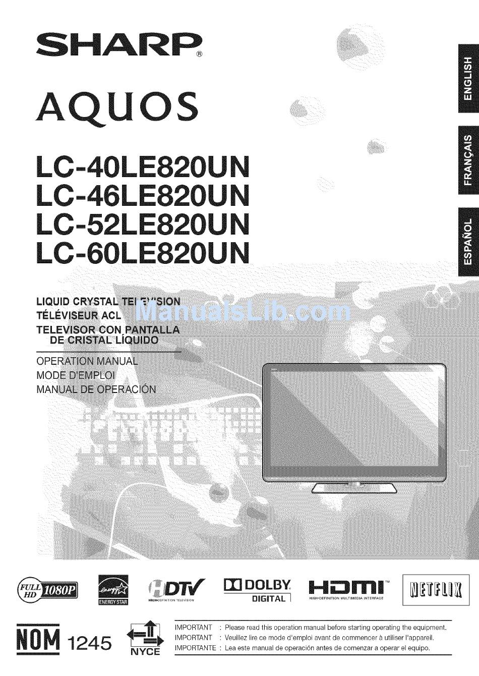 SHARP AQUOS LC-60LE820UN OPERATION MANUAL Pdf Download | ManualsLib