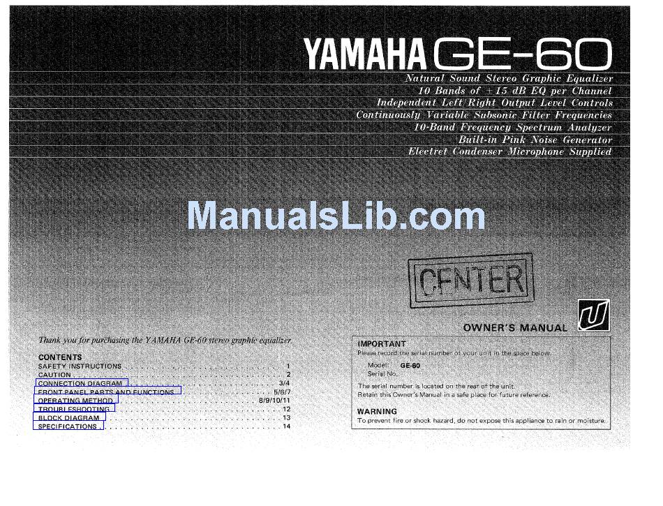 YAMAHA GE-60 OWNER'S MANUAL Pdf Download | ManualsLib
