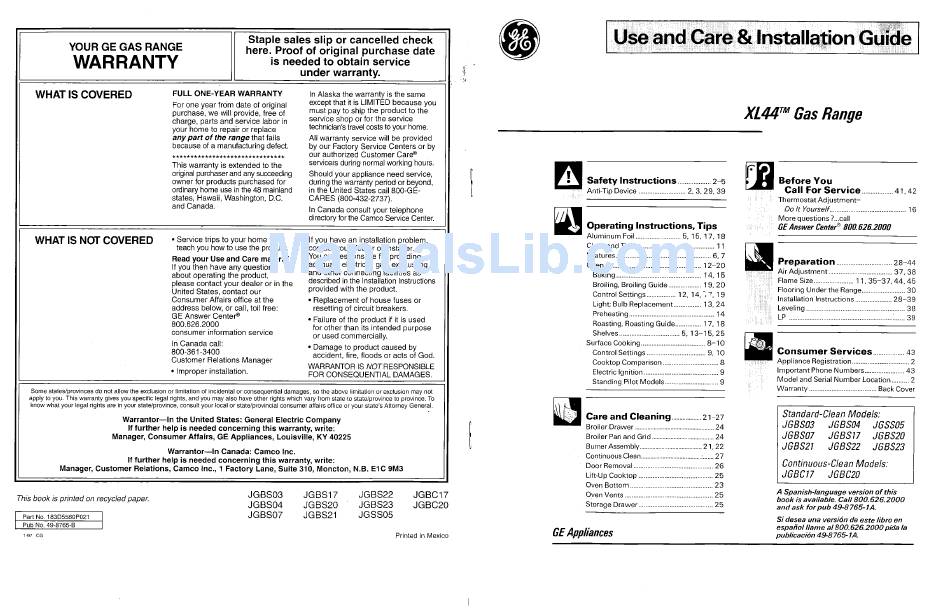 Ge Xl44 Use And Care Instructions Manual Pdf Download Manualslib 9123