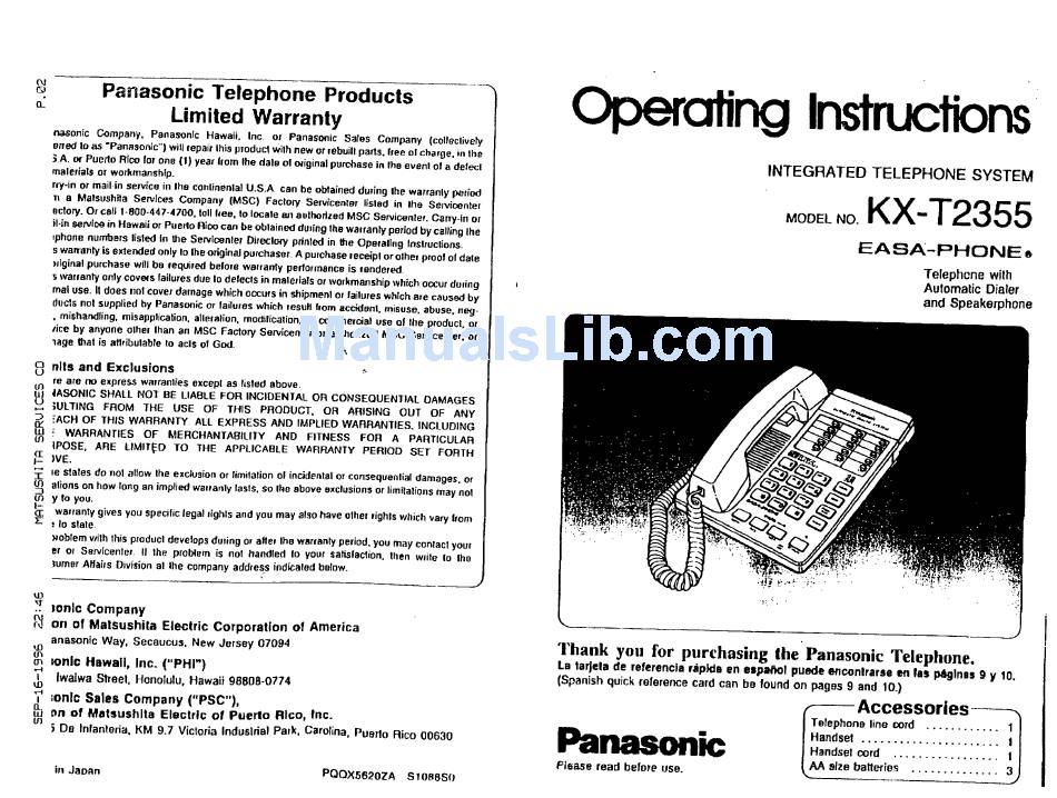 PANASONIC KX-T2355 EASA-PHONE OPERATING INSTRUCTIONS MANUAL Pdf