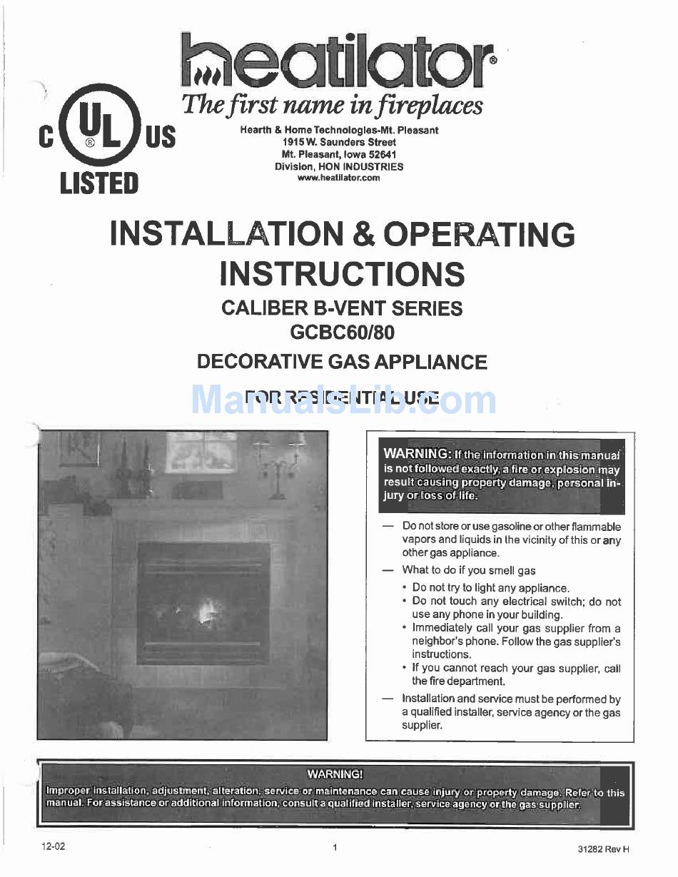 HEATILATOR GCBC60 INSTALLATION & OPERATING INSTRUCTIONS MANUAL Pdf