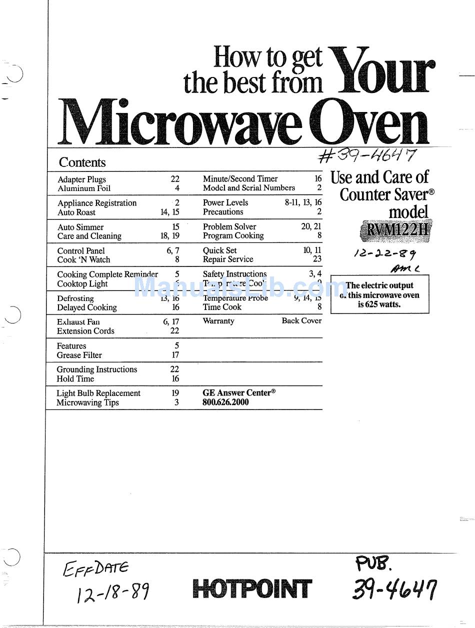 HOTPOINT COUNTER SAVER RVM122H USE AND CARE MANUAL Pdf Download