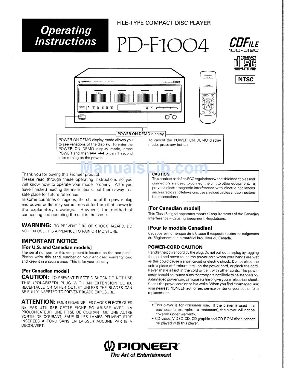 PIONEER PD-F1004 OPERATING INSTRUCTIONS MANUAL Pdf Download | ManualsLib