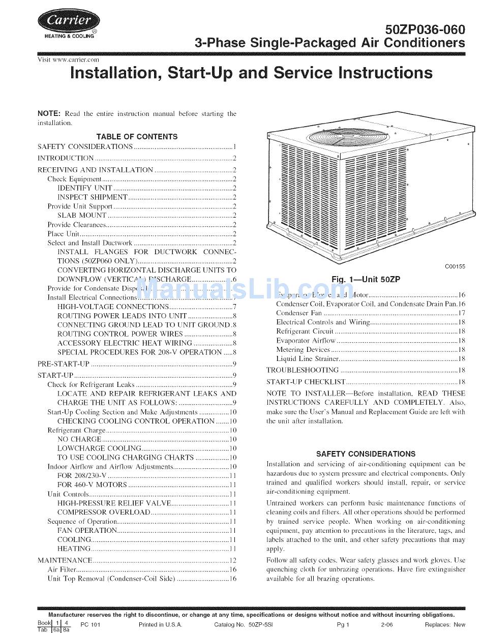 CARRIER 50ZP036 INSTALLATION, START-UP AND SERVICE INSTRUCTIONS MANUAL ...