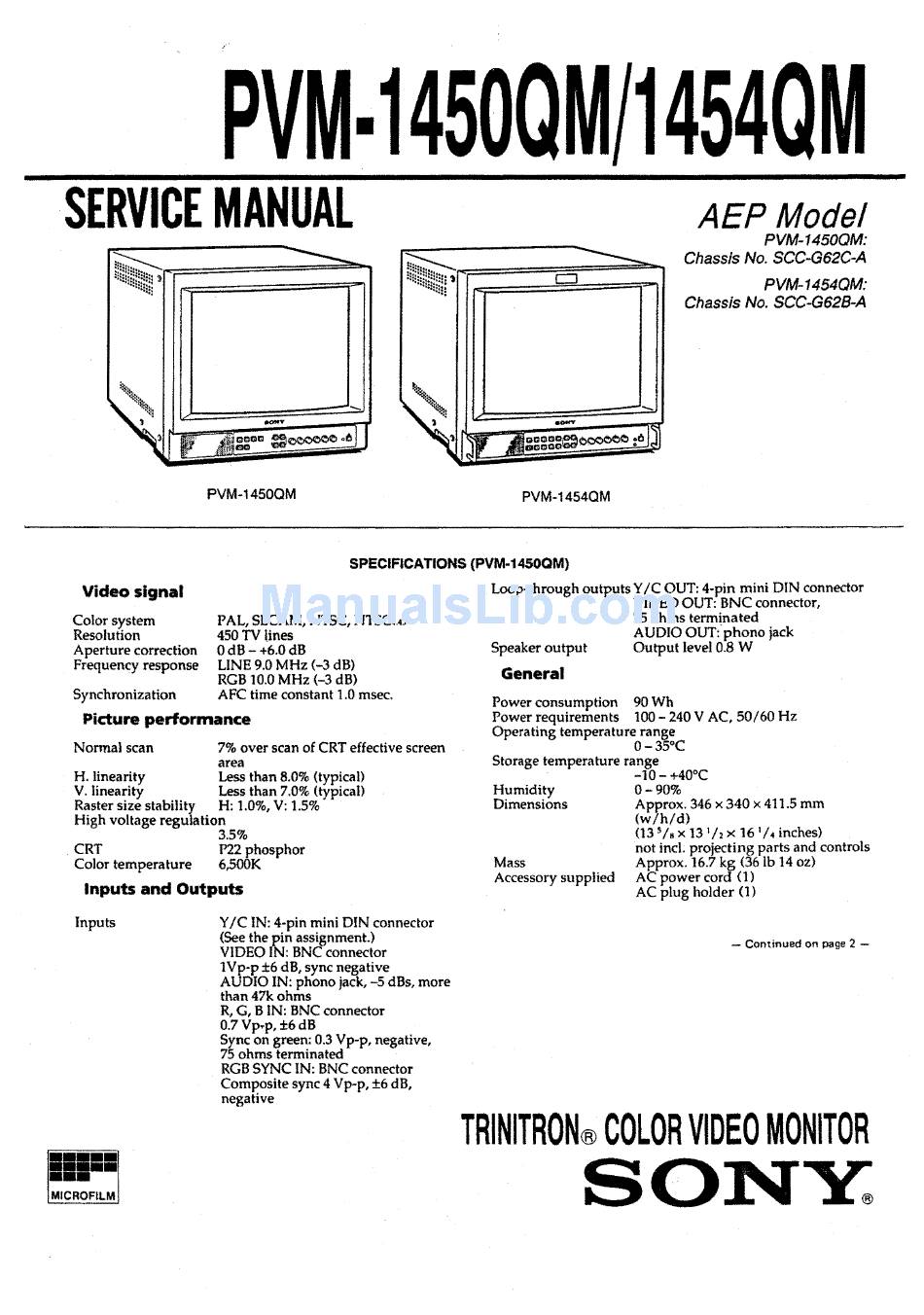 SONY TRINITRON PVM-1450QM SERVICE MANUAL Pdf Download | ManualsLib