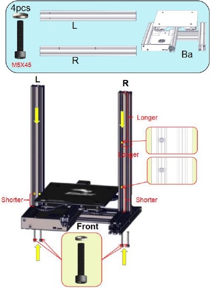 Install aluminum extrusions (L) and (R) to base (Ba)