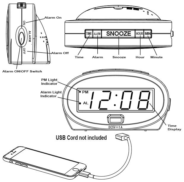 Equity 30024, 30025 9inch LED Alarm Clock, USB Charging Manual