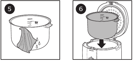 Before using the rice cooker - Steps 5,6 - Wipe the outside dry, put the inner pot in the rice cooker