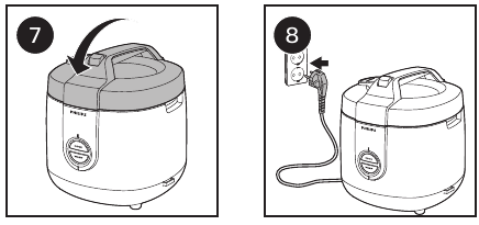 Before using the rice cooker - Steps 7,8 - Close the lid, put the plug in the power socket