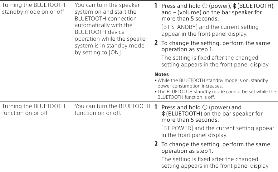 Changing the Settings - Bluetooth Settings