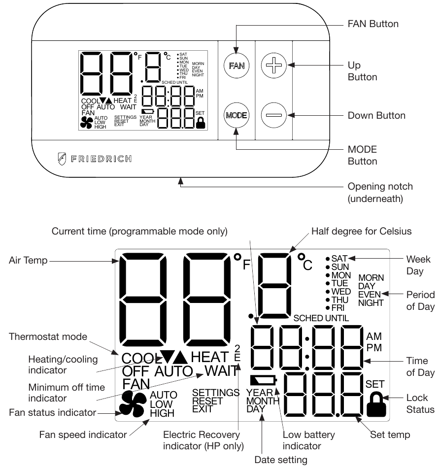 Friedrich RT7P Programmable Thermostat Installation And Operation