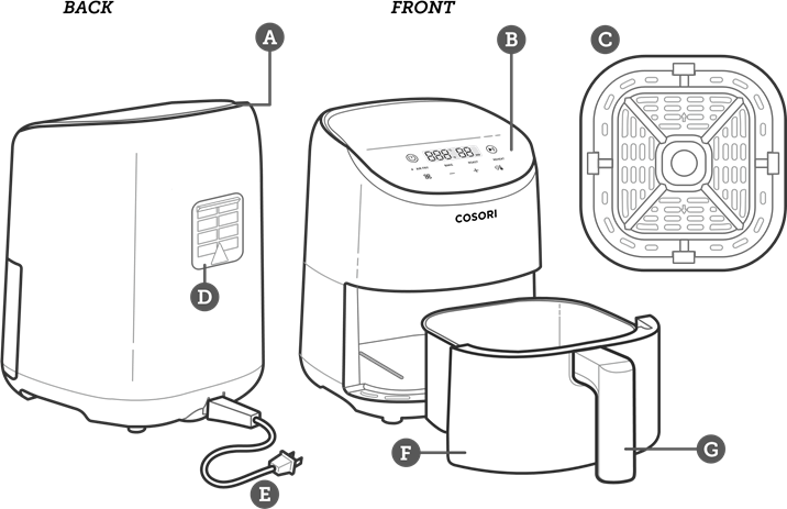 Cosori air fryer oven control panel diagram labeled