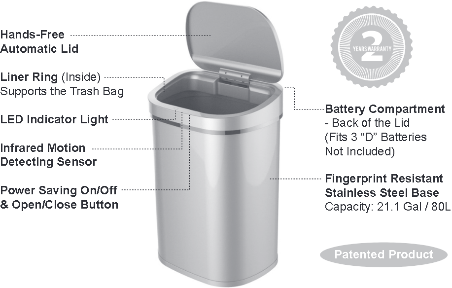 NINESTARS 21.1 Gallon Motion Sensor Garbage Trash Can w/ Manual