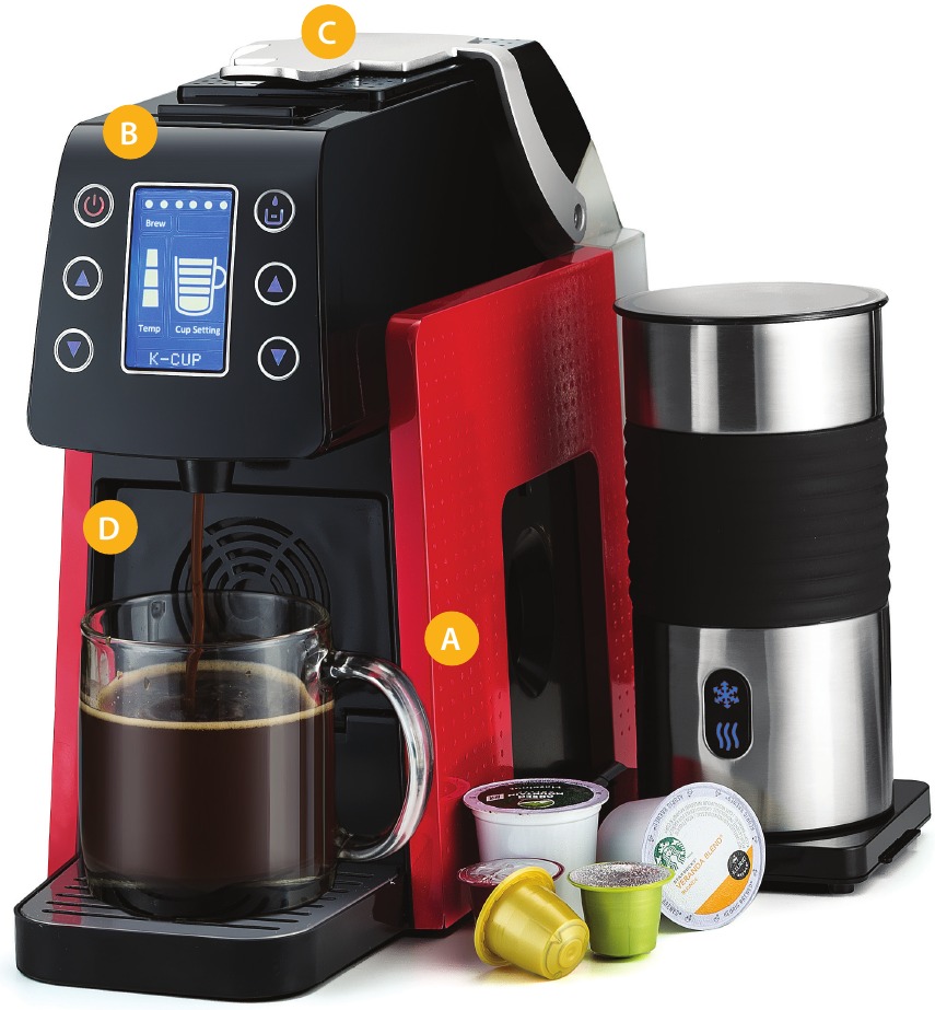 Gourmia GCM5000 K CUP & ESPRESSO COFFEE MAKER with Milk Frother